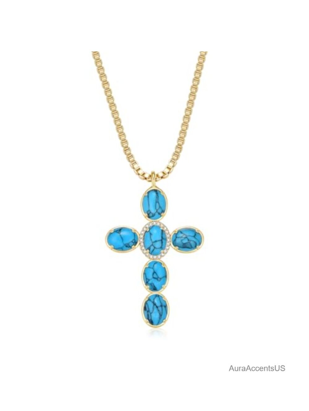 NUZON 14K Gold Plated Turquoise Cross Pendant Necklace Adjustable Box Chain